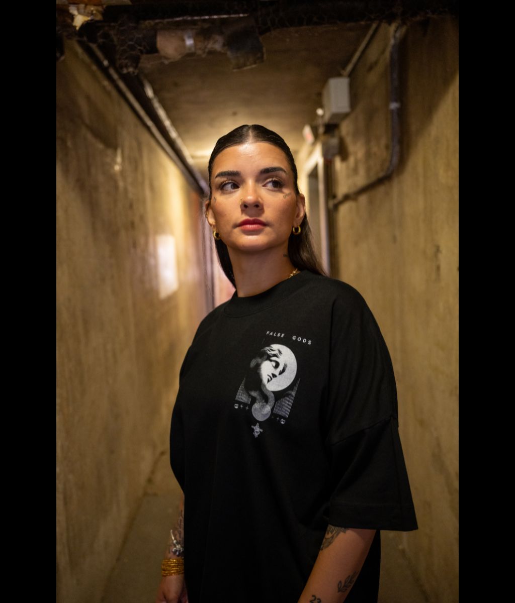 Female Model wearing Full Moon Black Oversized T-Shirt - Front view