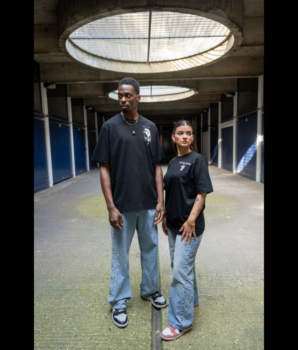 Female & Male Model wearing Women's Bold Spirit T-Shirt in black - Front view
