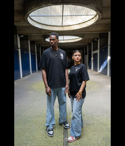 Female & Male Model wearing Women's Bold Spirit T-Shirt in black - Front view