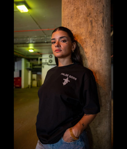 Model wearing Women's Bold Spirit T-Shirt in black - Front view