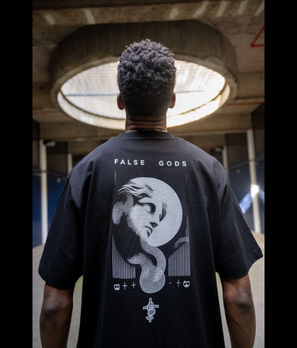 Male model wearing Full Moon Black Heavyweight T-Shirt - Back view